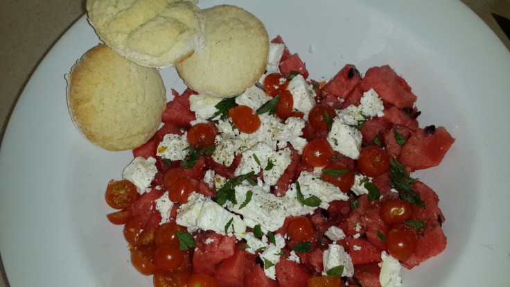 Watermelon, Tomato & Feta Salad with American Flaky Biscuits